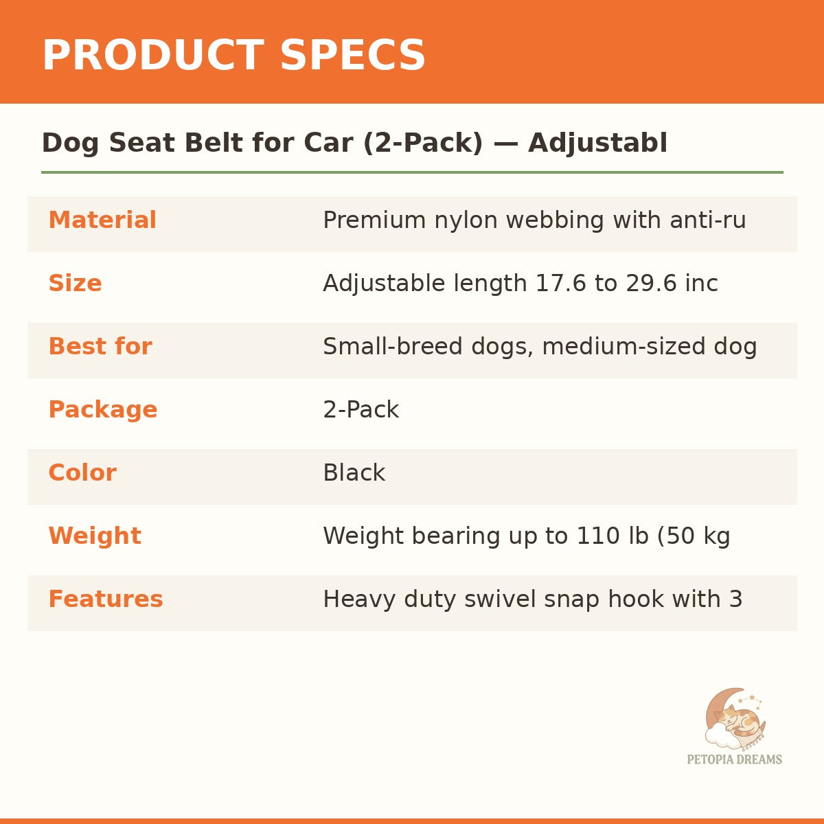 Dog Seat Belt for Car (2-Pack) — Adjustable Pet Safety Restraint | Petopia Dreams