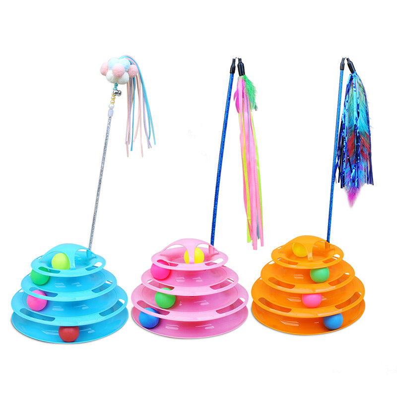 Cat Turntable Ball Toy — 4-Layer Track Tower with Teaser Wand