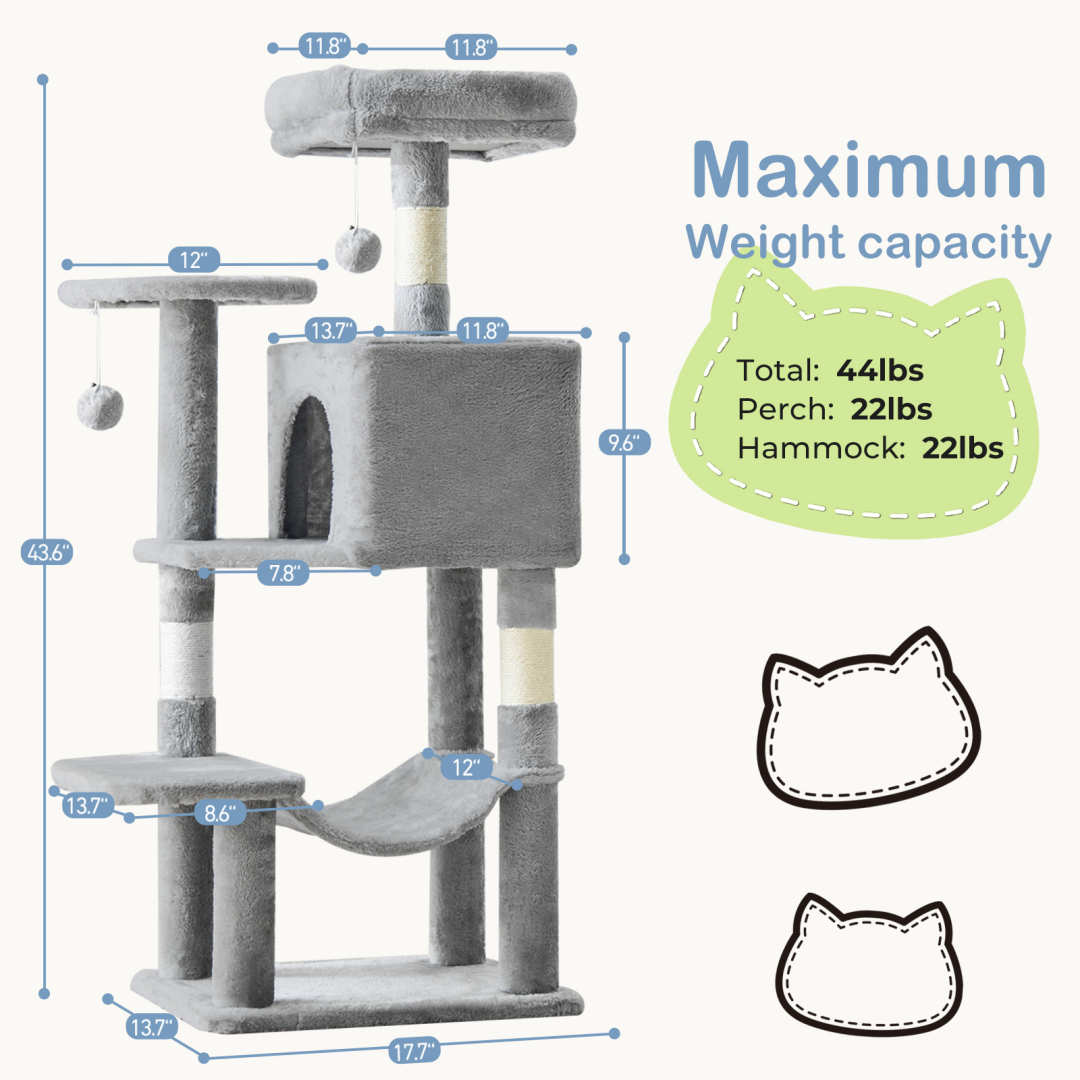 44-Inch Cat Tree Tower with Sisal Scratching Posts & Hammock