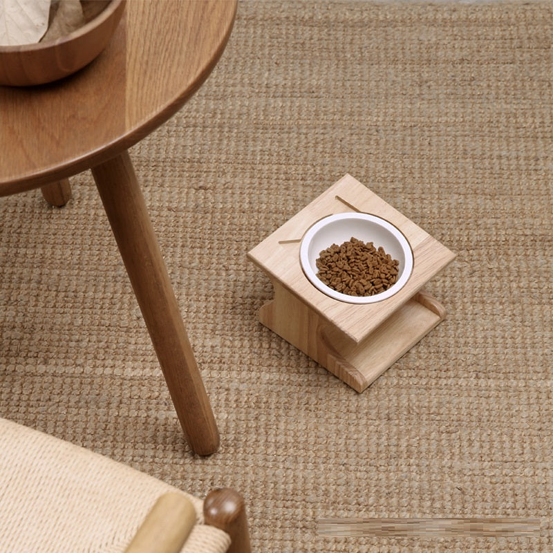 Elevated Ceramic Cat Bowl with Wooden Stand