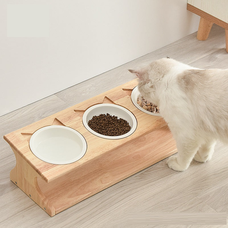 Elevated Ceramic Cat Bowl with Wooden Stand