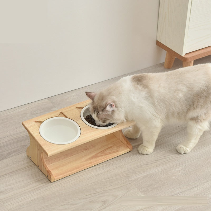 Elevated Ceramic Cat Bowl with Wooden Stand