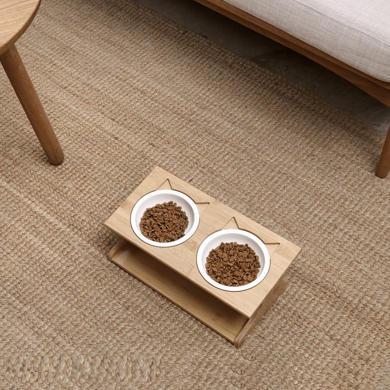 Elevated Ceramic Cat Bowl with Wooden Stand