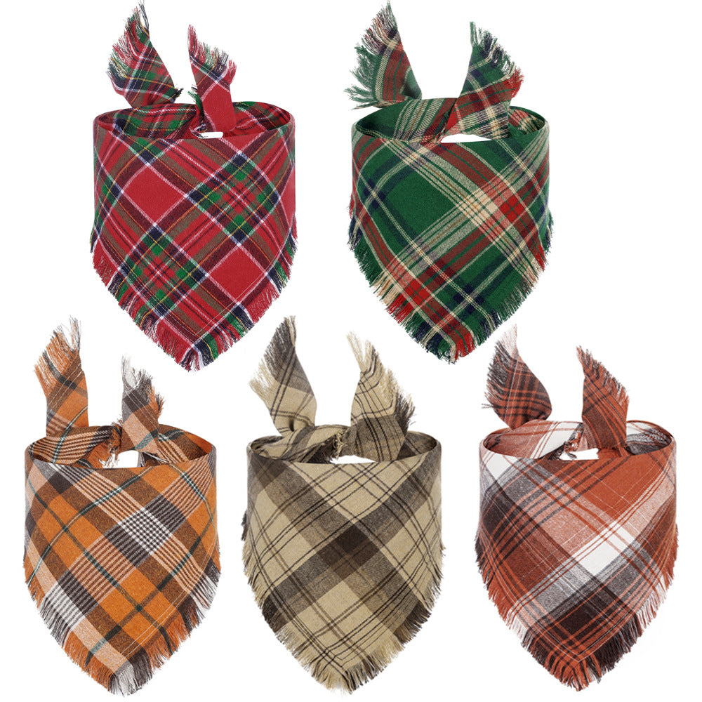 Additional view of Fall Plaid Dog Bandana with Tassels — Cozy Autumn Scarf