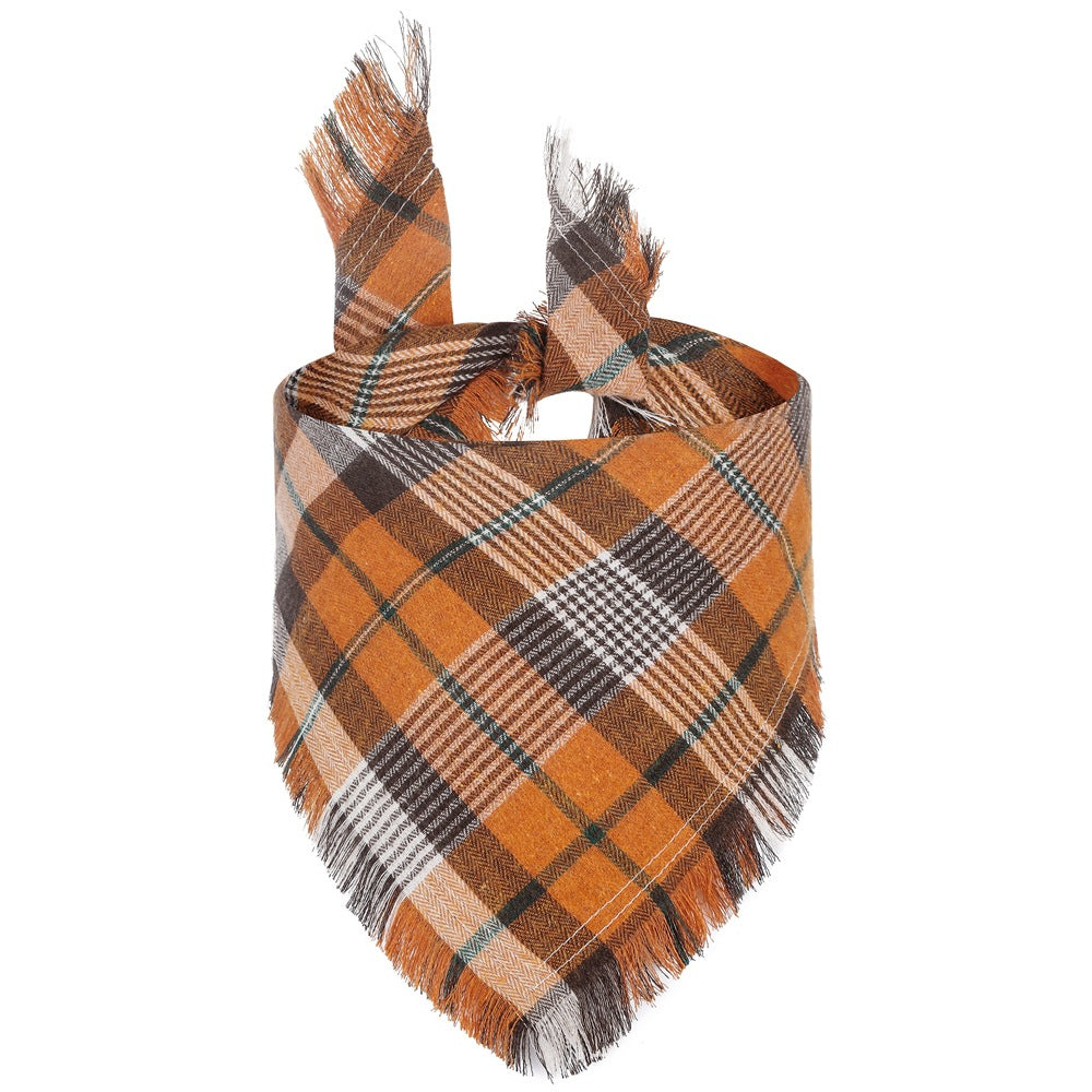 Product view of Fall Plaid Dog Bandana with Tassels — Cozy Autumn Scarf