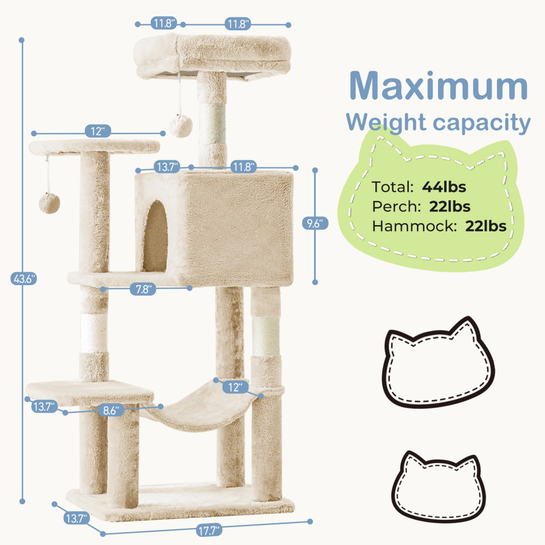 44-Inch Cat Tree Tower with Sisal Scratching Posts & Hammock