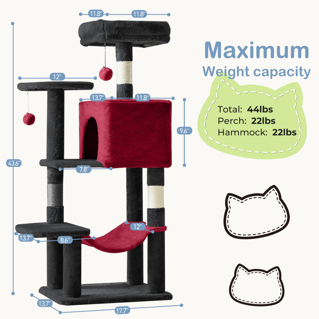 44-Inch Cat Tree Tower with Sisal Scratching Posts & Hammock