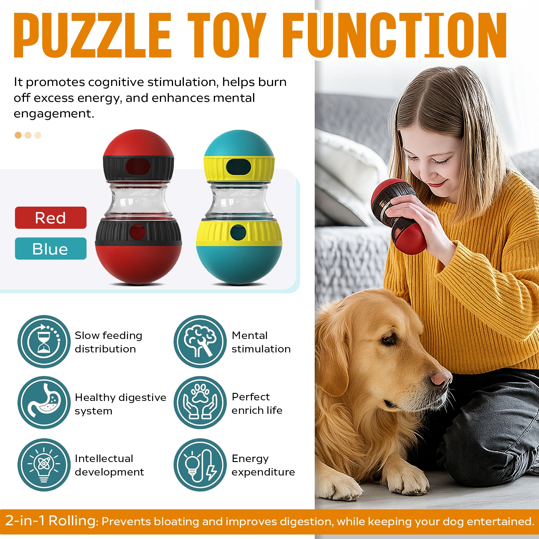 Dog Puzzle Toy, Adjustable Treat Dispensing Ball Food Dispenser Tough Slow Feeder Puppy Enrichment Training Toy Pet Interactive Chase Toys For Small Medium Large Dogs