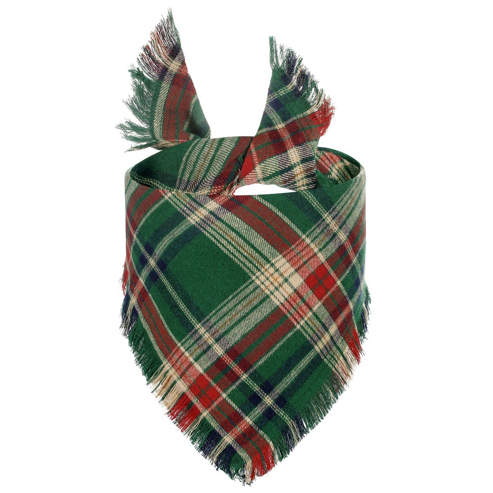 Additional view of Fall Plaid Dog Bandana with Tassels — Cozy Autumn Scarf