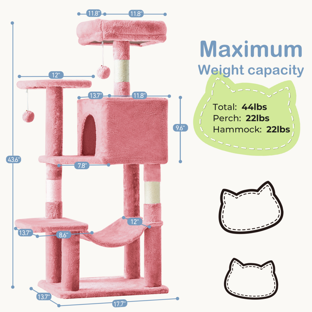 44-Inch Cat Tree Tower with Sisal Scratching Posts & Hammock