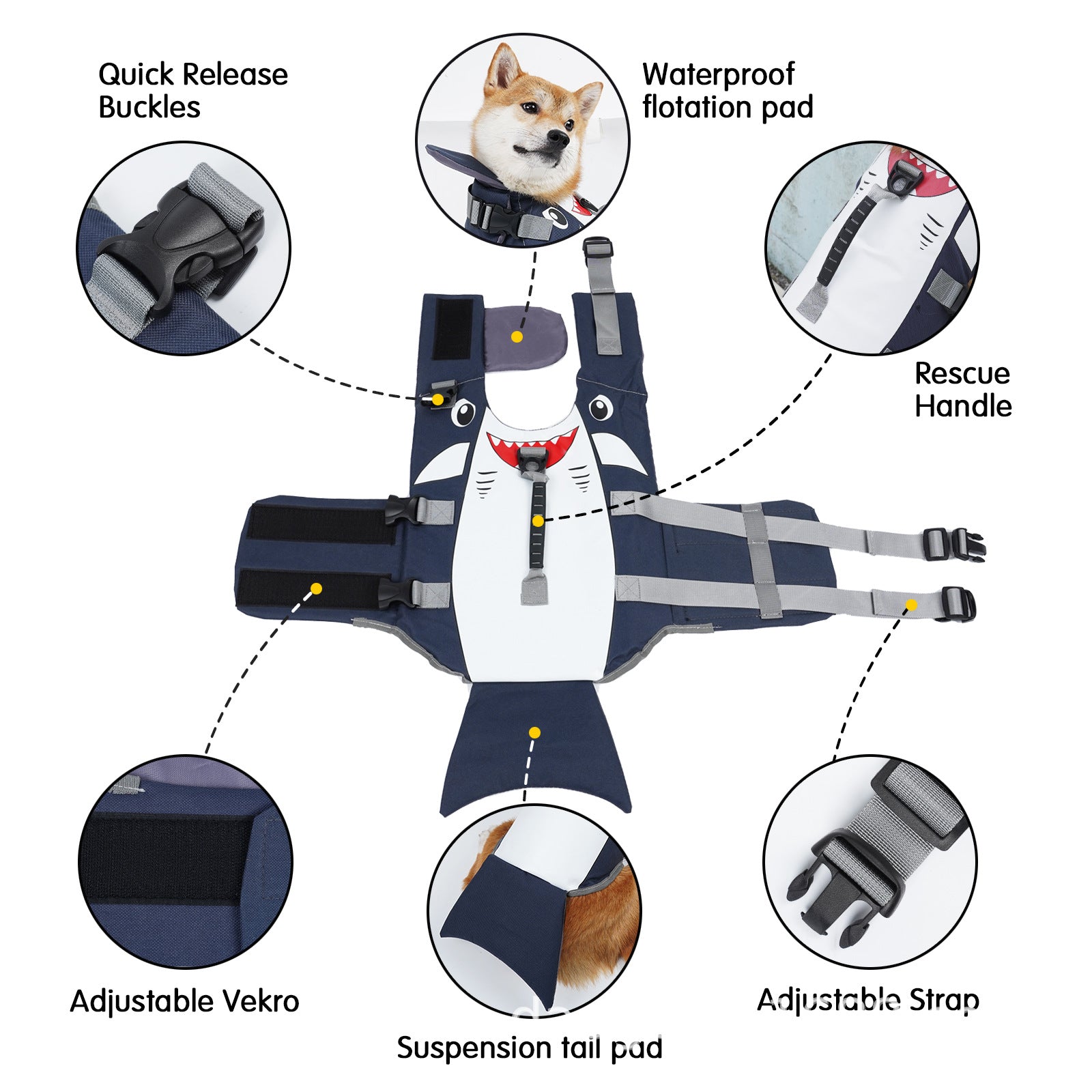 Dog Life Jacket — Shark Swim Vest with Safety Handle