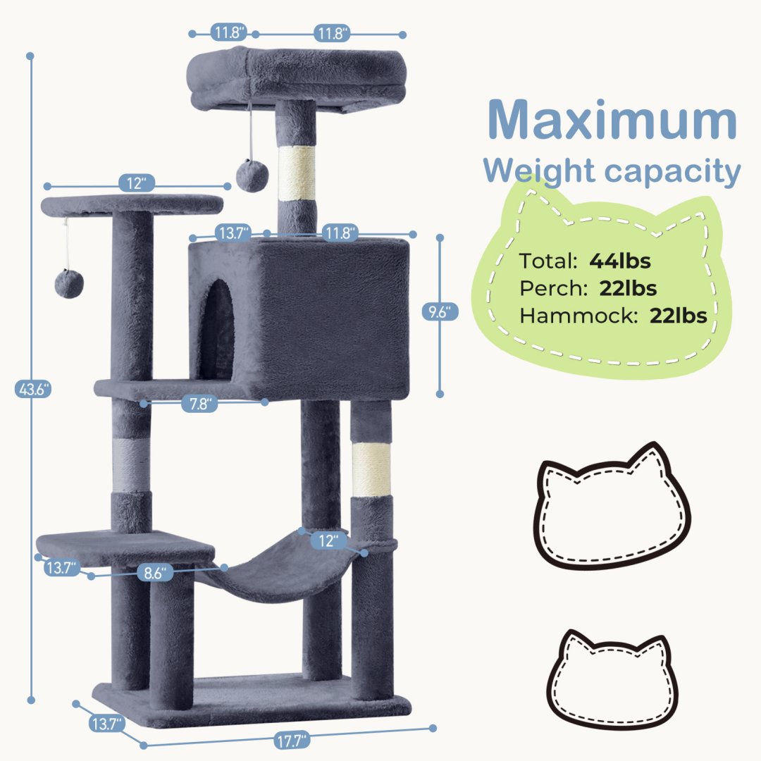 44-Inch Cat Tree Tower with Sisal Scratching Posts & Hammock
