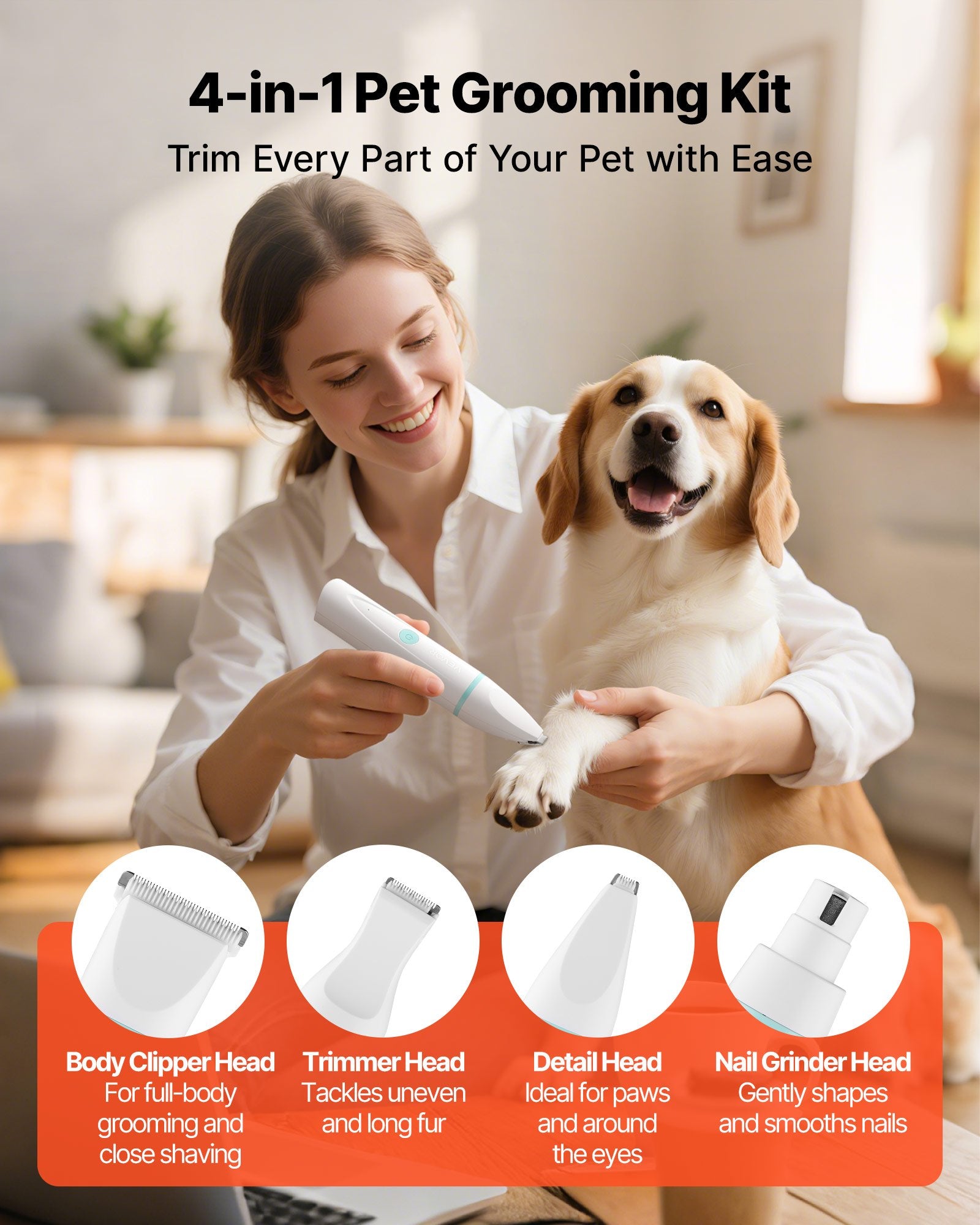 4-in-1 Dog Grooming Kit — Quiet Cordless Clippers & Nail Grinder