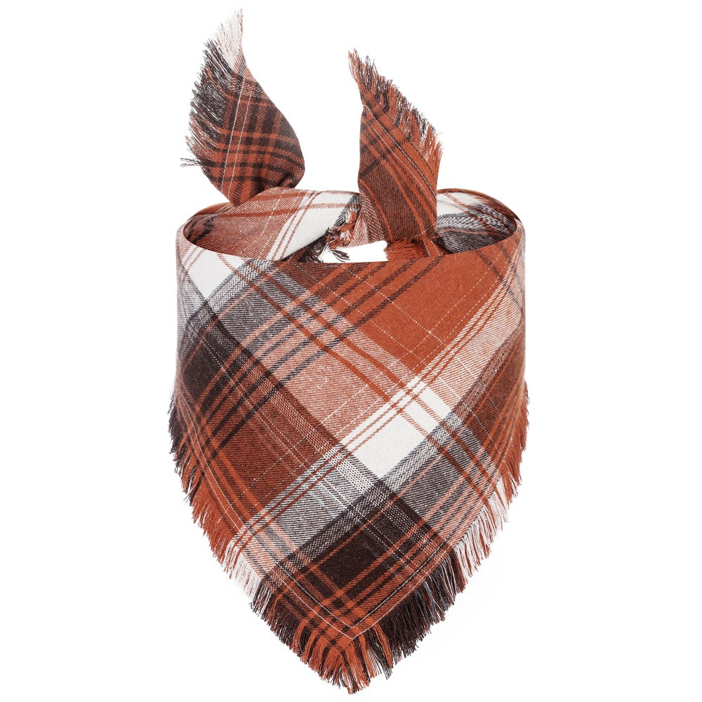 Additional view of Fall Plaid Dog Bandana with Tassels — Cozy Autumn Scarf