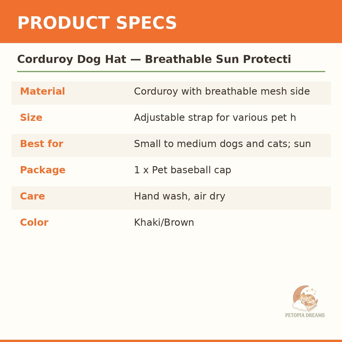 Corduroy Dog Hat — Breathable Sun Protection Cap for Pups | Petopia Dreams
