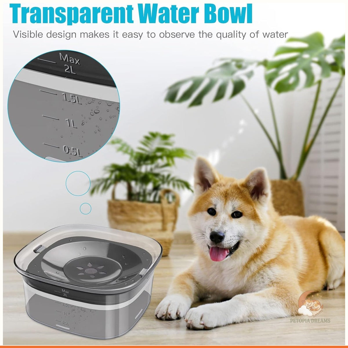 No-Spill Dog Water Bowl, 2L Slow-Drink Travel Feeder | Petopia Dreams