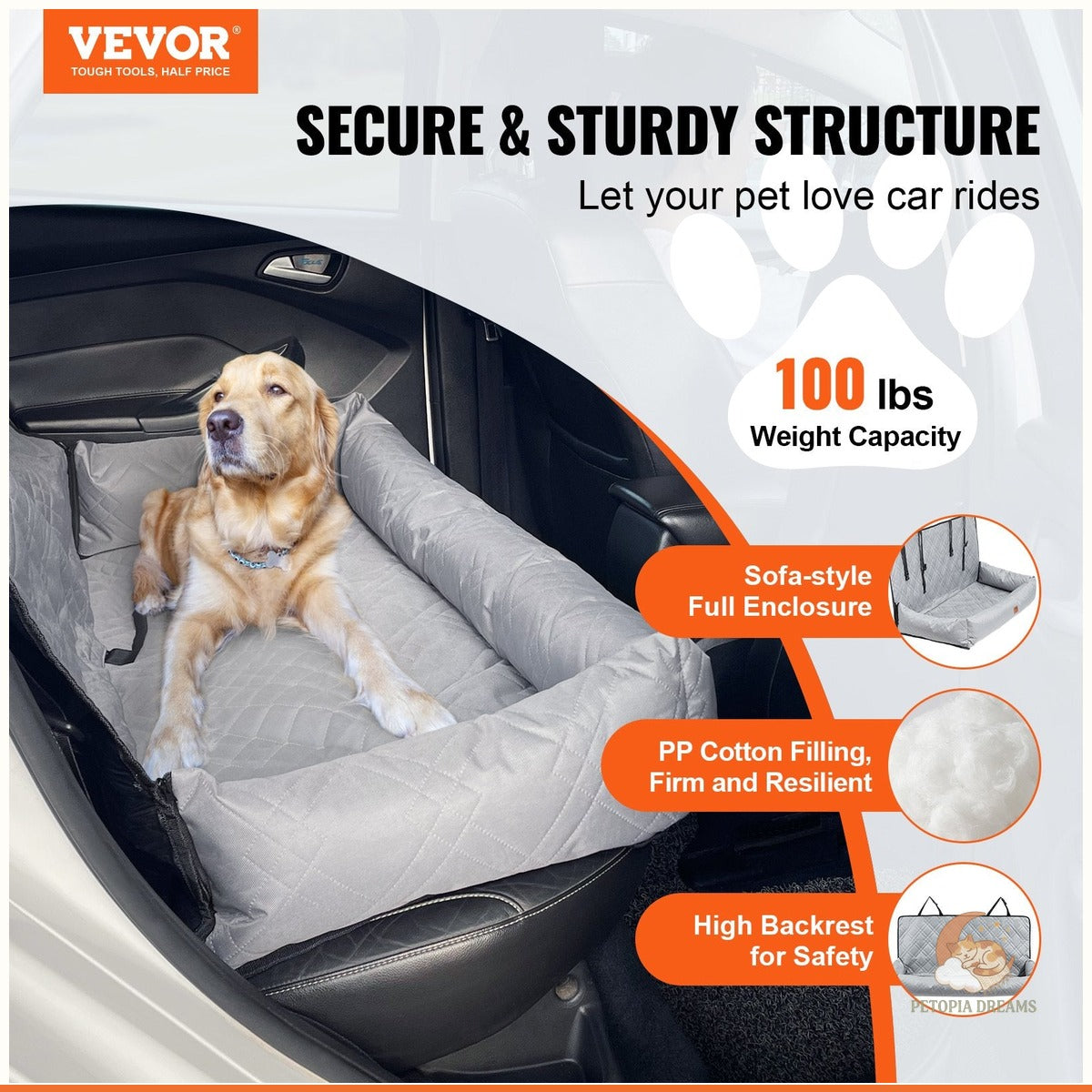 Waterproof Dog Car Seat for Medium & Large Dogs Up to 100 lbs | Petopia Dreams