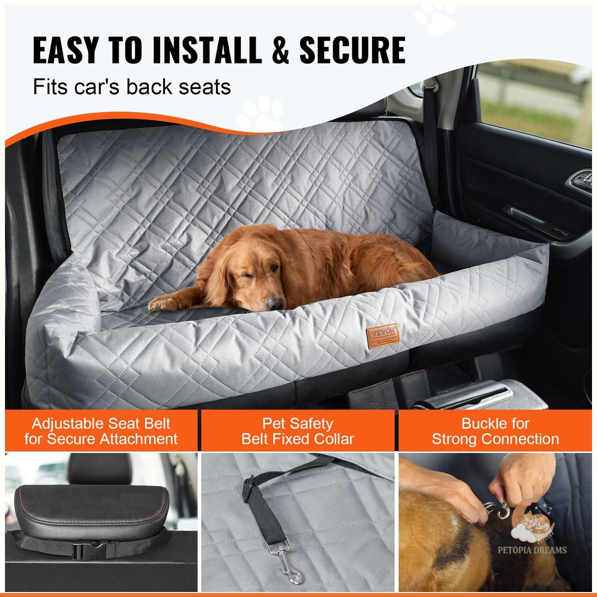 Waterproof Dog Car Seat for Medium & Large Dogs Up to 100 lbs | Petopia Dreams