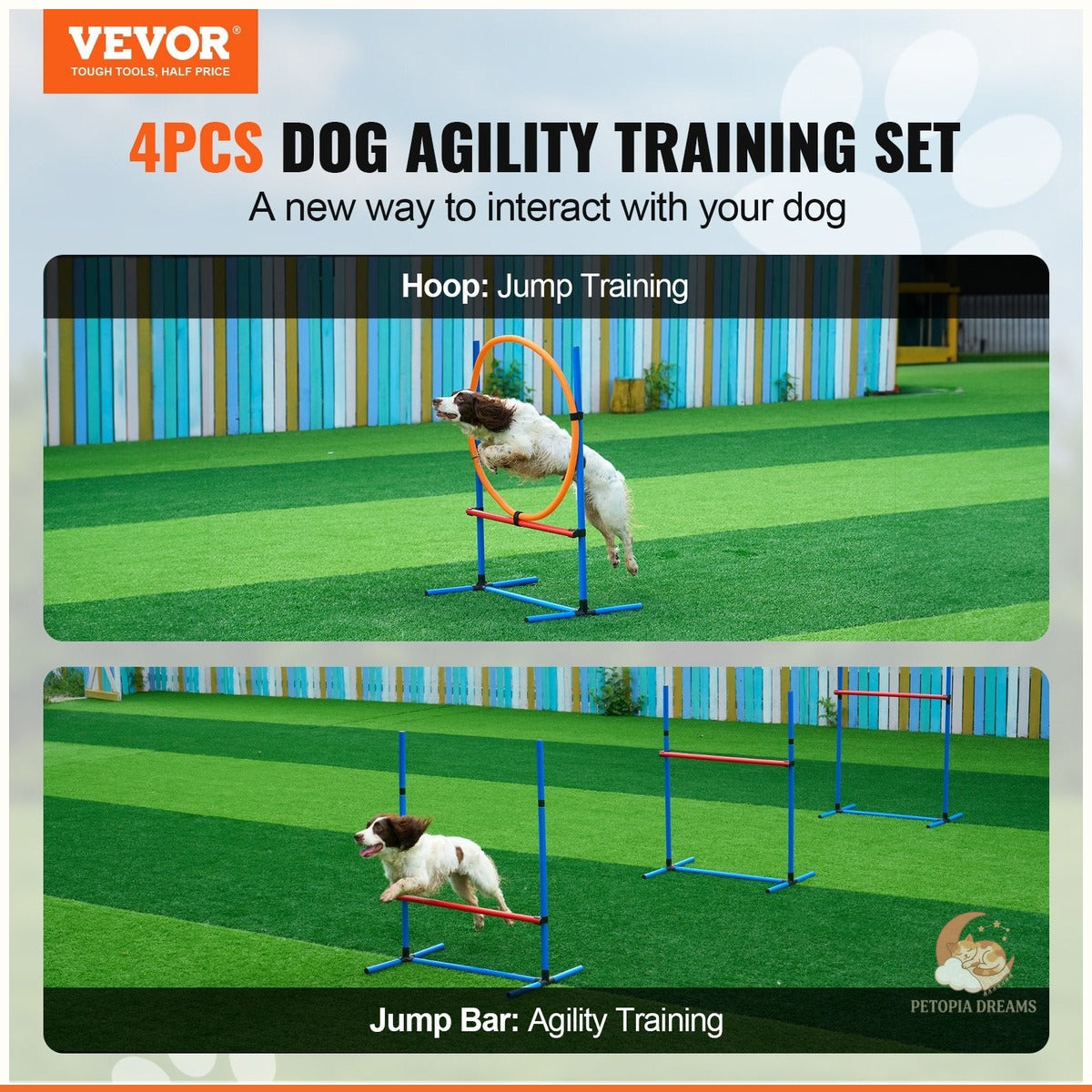 Dog Agility Training Equipment 4-PCS Set with Jump Hurdles & Ring | Petopia Dreams