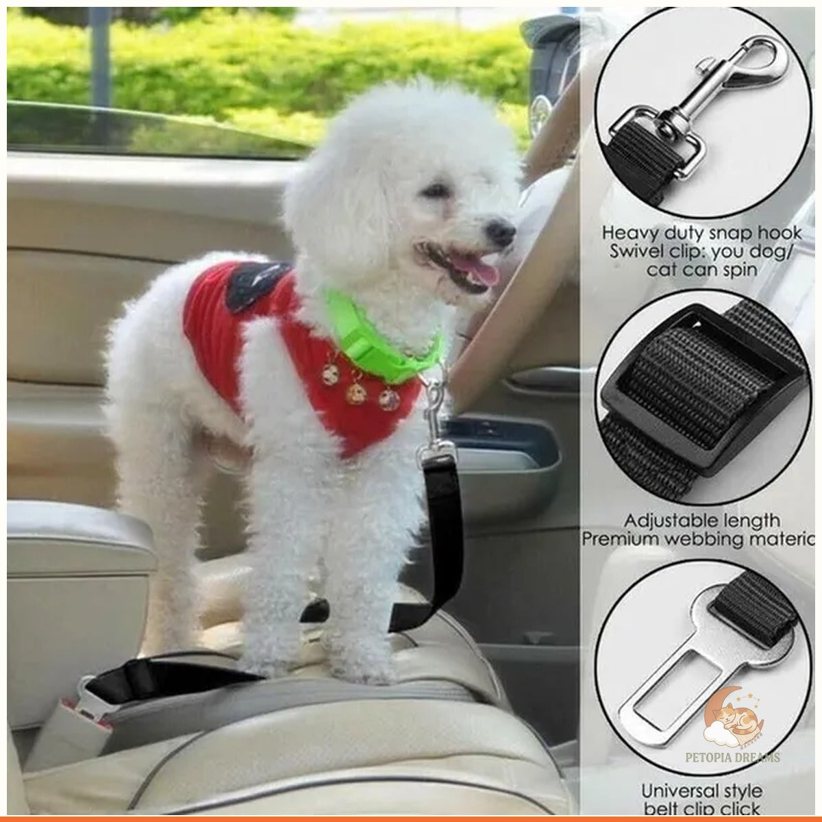 Dog Seat Belt for Car (2-Pack) — Adjustable Pet Safety Restraint | Petopia Dreams