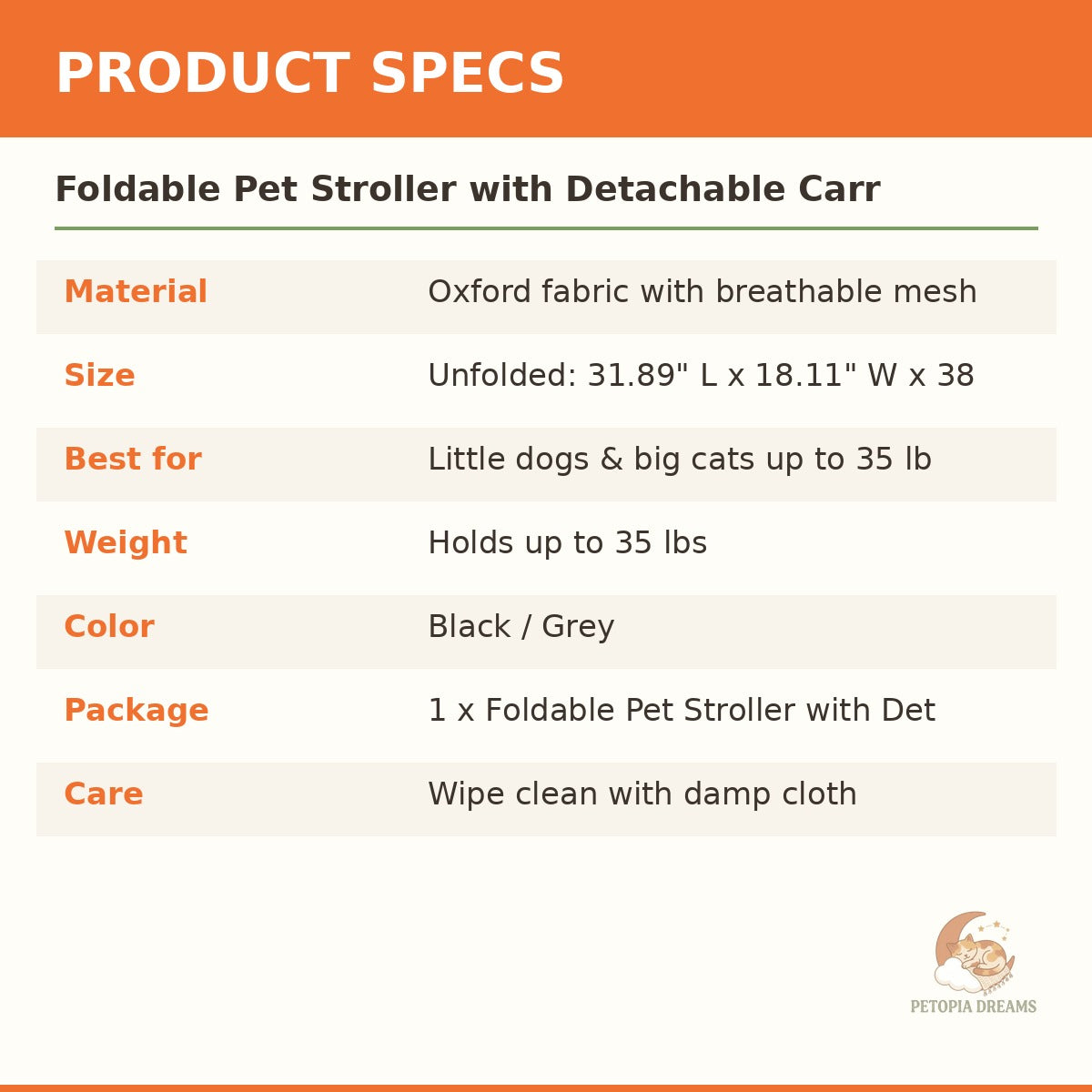 Foldable Pet Stroller with Detachable Carrier — Holds Up to 35 lbs | Petopia Dreams