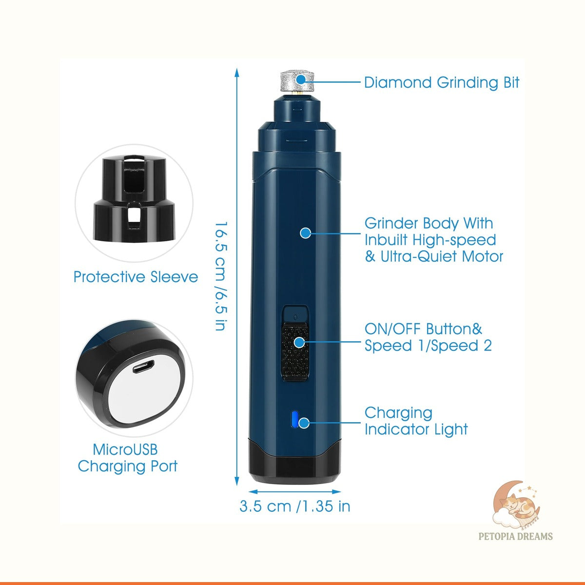Quiet Dog Nail Grinder — Cordless USB Rechargeable Paw Care | Petopia Dreams