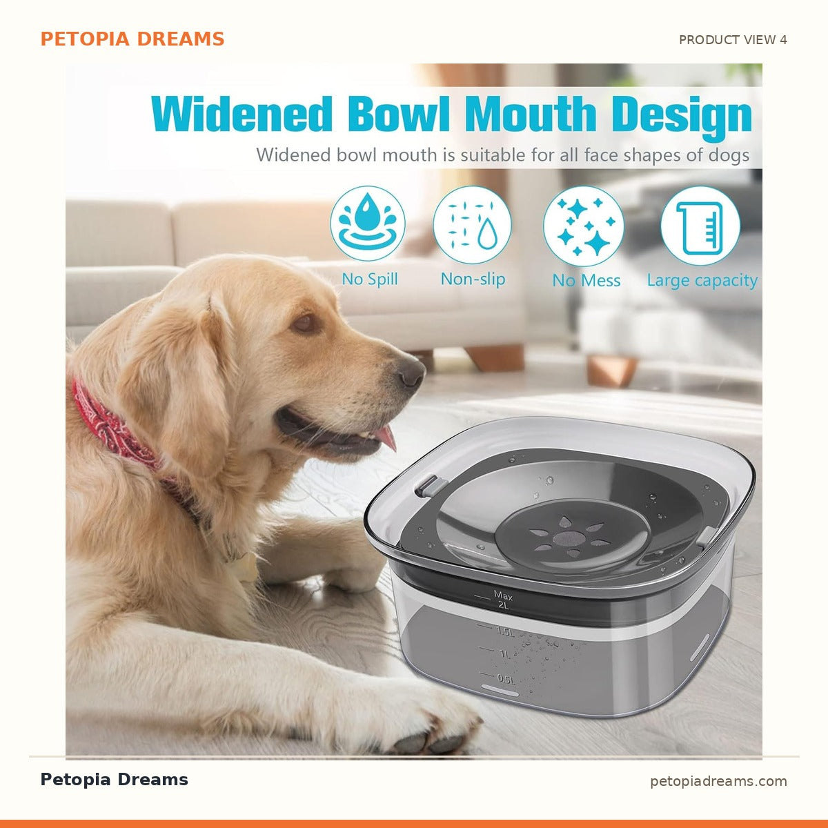 Additional product view of No-Spill Dog Water Bowl, 2L Slow-Drink Travel Feeder | Petopia Dreams