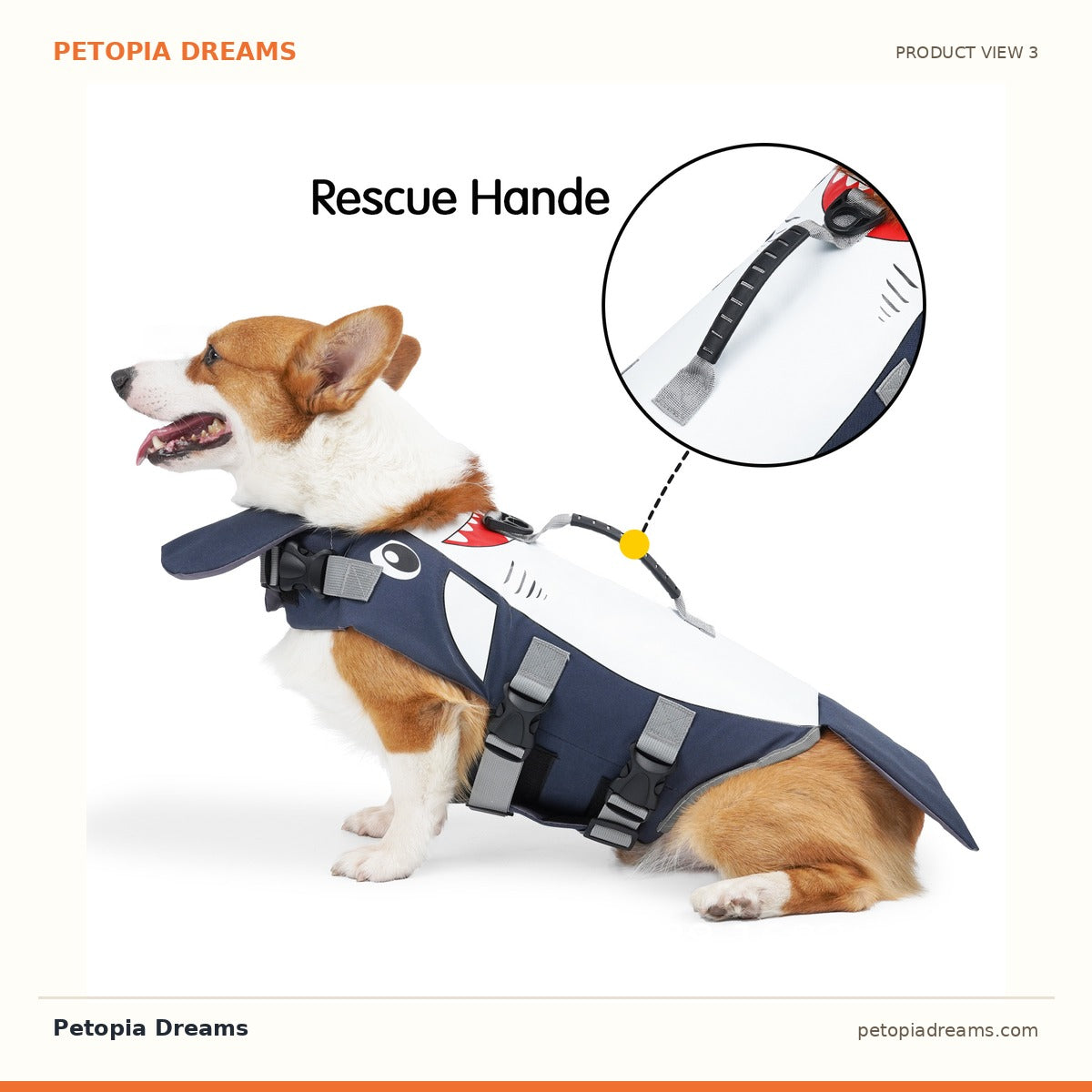Additional product view of Dog Life Jacket — Shark Swim Vest with Safety Handle | Petopia Dreams