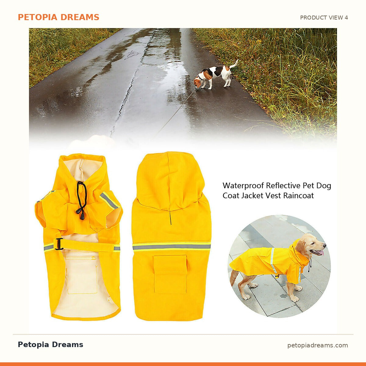 Additional product view of Hooded Dog Raincoat with Reflective Stripe & Leash Hole | Petopia Dreams